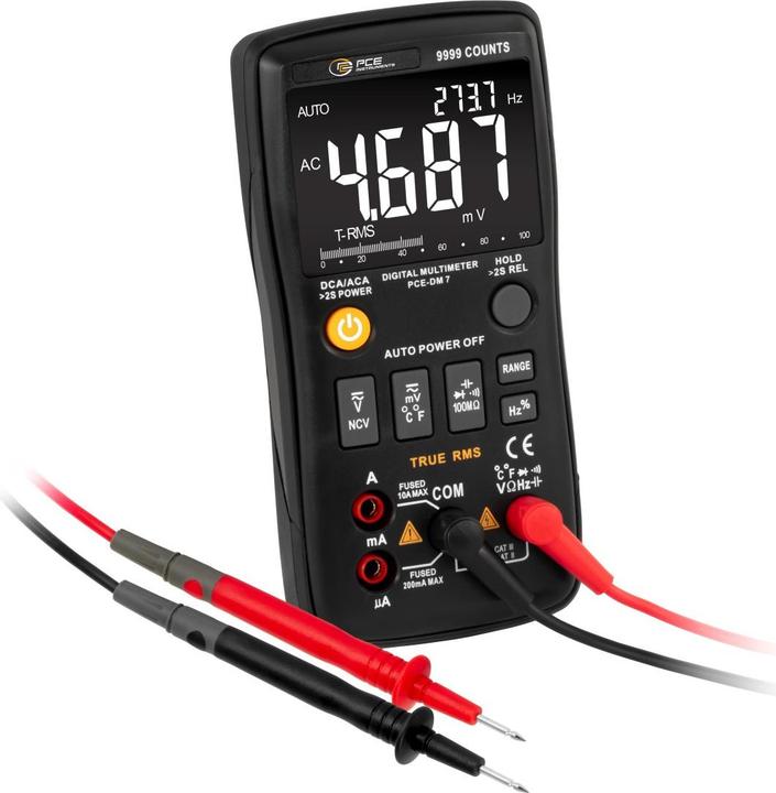 1 x multimètre numérique PCE-DM 7, 1 x sonde de température, 1 x cordons de mesure, 2 x piles AA 1,5 V, 1 x manuel d'utilisation, 1 x sac de rangement