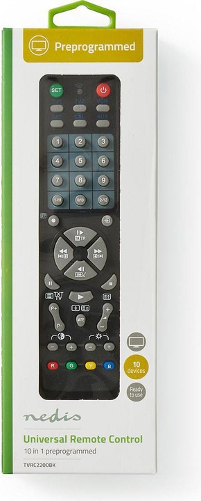 Produktbild Nedis Universal-Fernbedienung Vorprogrammiert 10 Geräte Speichertasten/TV Guide-Taste Infrarot Schwa (Universal Fernbedienung, Infrarot)