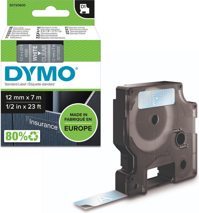 Produktbild Dymo S0720600 Standardband (1.20 cm, Transparent, Weiss)