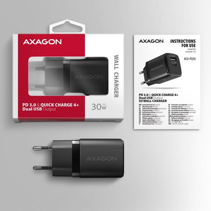 Produktbild Axagon ACU-PQ30 Ladegerät QC3.0, 4.0/AFC/FCP/PPS/Apple + PD USB-C, 30W - schwarz (30 W, 2 Ports)