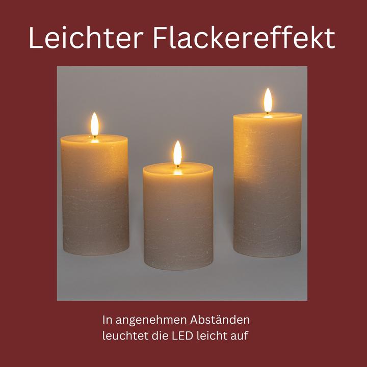 Immagine prodotto Novaliv 3er Set Led Kerzen 7,5cm ø Kerze flackernde Flamme mit Fernbedingung GRAU TAUPE 15 cm + 12,5 cm + 10 (3 x)