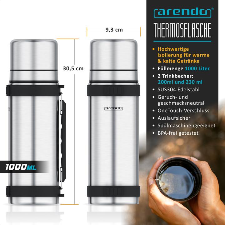 Produktbild Arendo Thermosflasche Isolierflasche auslaufsicher, Edelstahl Trinkflasche für Unterwegs, BPA-frei, 1 Liter (1 l)