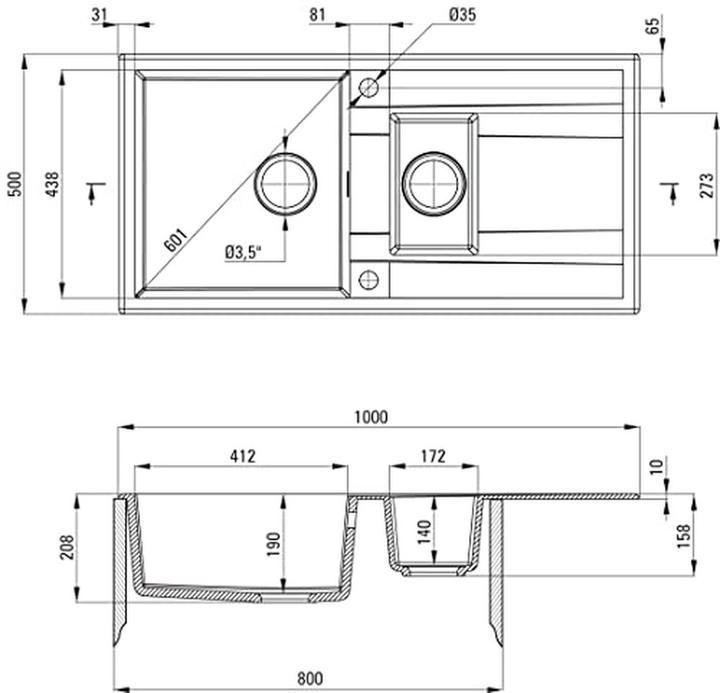 Actual product image No Name 1 5-bowl granite sink with drainer (Fitted sink with draining board, 45 cm, 59 cm)