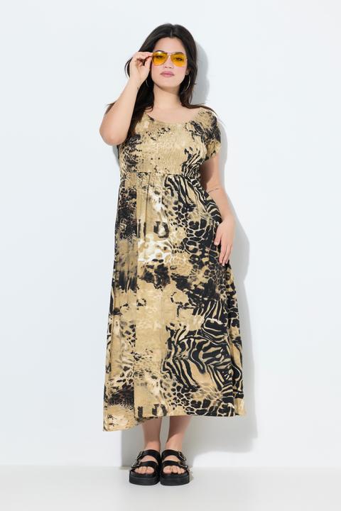 Image du produit Angel of Style Robe maxi en jersey, mélange d'imprimés léopard, corsage smocké et coupe évasée (46)