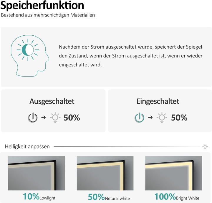 Produktbild Emke Badspiegel mit Beleuchtung 80*60cm,Beschlagfrei, Temperatur und Uhr Kaltweiss(6500K), Dimmbar (80 x 60 cm)