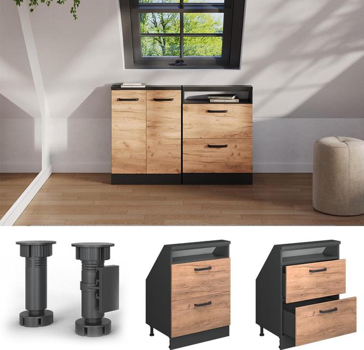 Produktbild Vichy Dachschrägenschrank Rion, Anthrazit/Goldkraft Eiche, mit 2 Schubladen (46 x 60 x 81.60 cm)