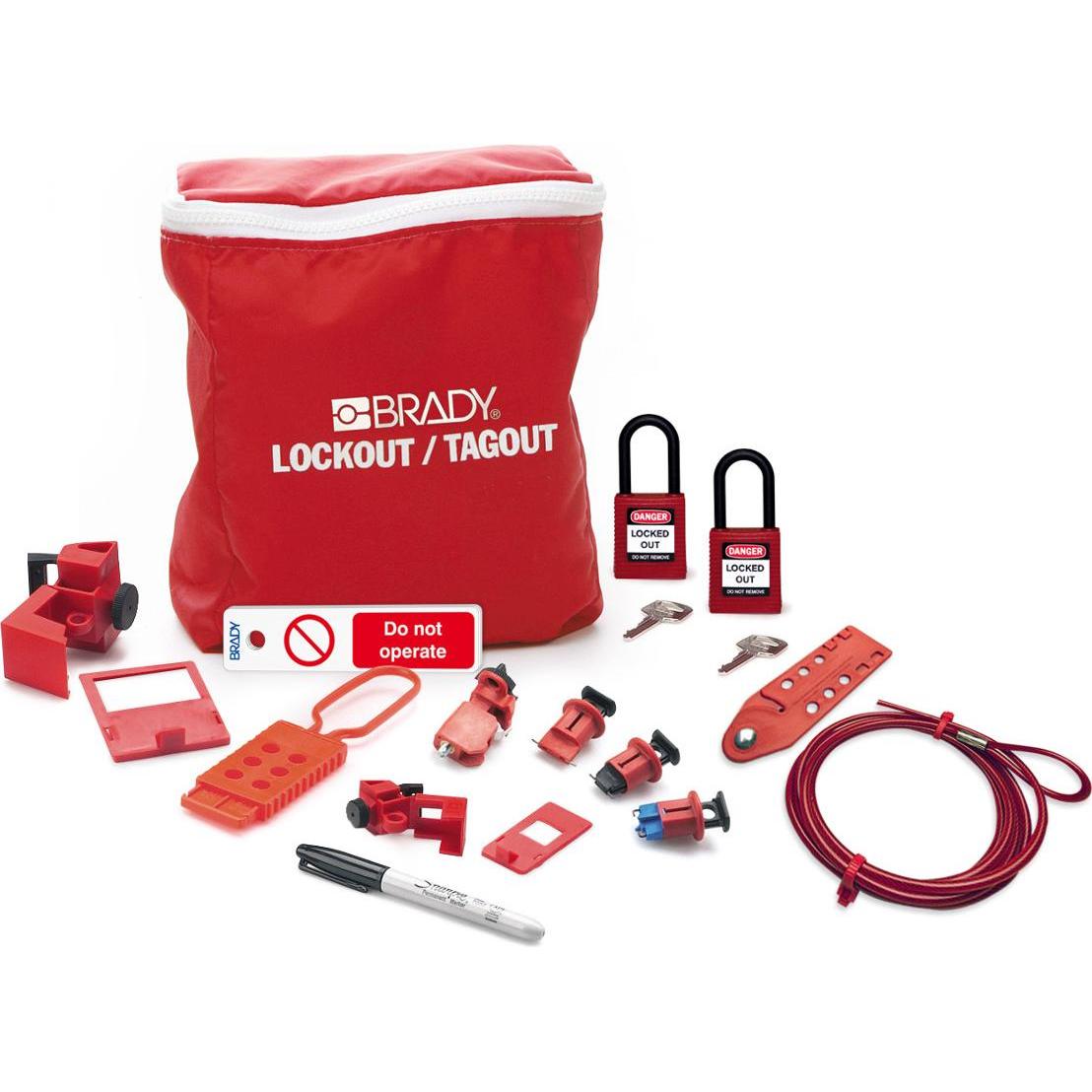Brady, Accessori protezione sul lavoro, LK-ELEC-PAD-RD-DE, Set di bloccaggio per elettricisti + lucchetti e fob DE