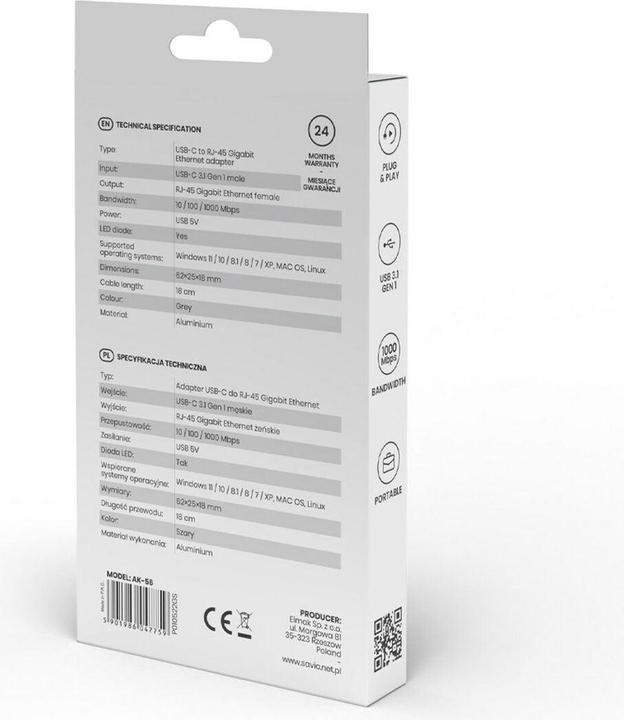 Actual product image Savio Adapter USB-C 3.1 Gen.1 M to RJ-45 Gigabit Ethernet F 1000 Mbps AK-56 grey (USB-C)