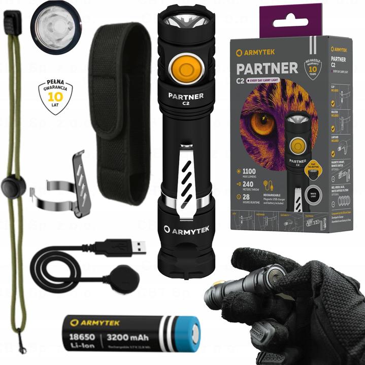 Produktbild ArmyTek Partner C2 Magnet USB White LED Taschenlampe mit Gürtelclip, mit Holster akkubetrieben 1100 (12.35 cm, 1100 lm)