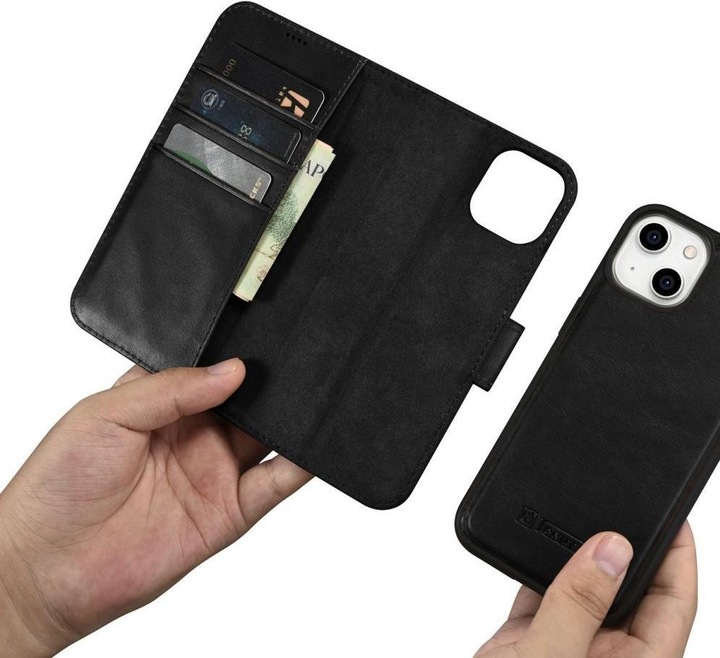 Produktbild iCarer oil Wax Wallet Case 2 in1 Cover iPhone 14 Plus Anti-RFID Leder Flip Case Schwarz (WMI14220723 (Apple iPhone 14 Plus)