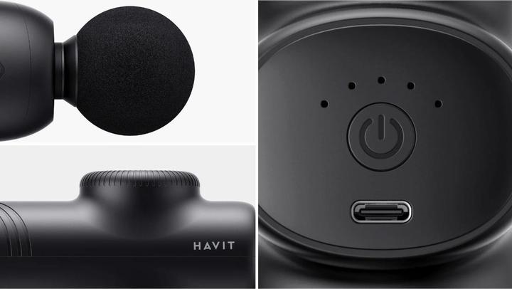 Immagine prodotto Havit - Mini Massage Gun (MG1508) - 7.4V, 15W, 3000RPM, 1500mAh - Black (5 Passi, 120 min)