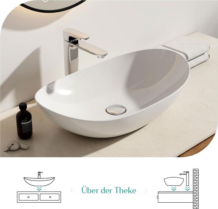 Produktbild Emke Aufsatzwaschbecken Ovales Waschbecken Keramik Waschbecken Waschtisch Weiss Glänzend 415x 335 x 1 (335 mm, 415 mm)