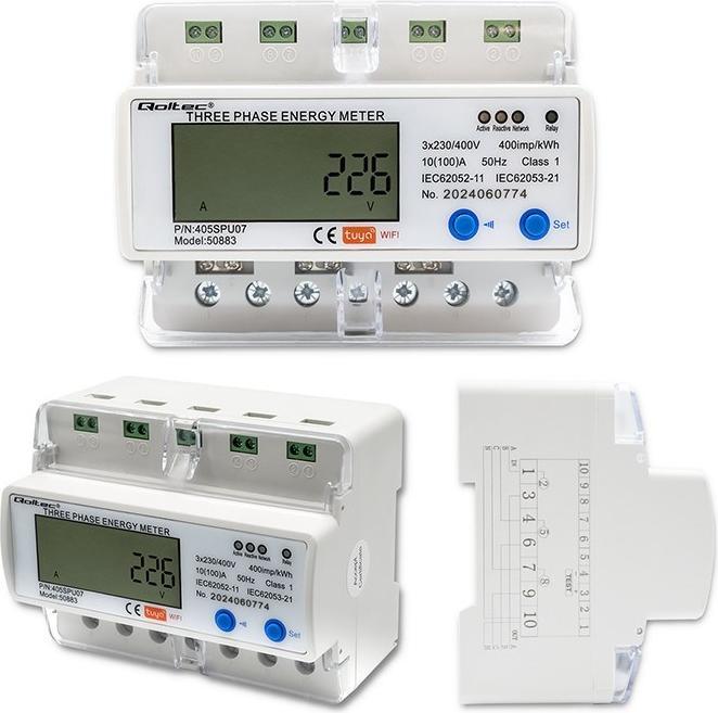 Immagine prodotto Qoltec 50883 Three phase electronic energy consumption meter for DIN rail | Wi-Fi | TUYA | 400V | LC