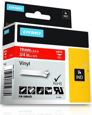 Produktbild Dymo Rhino 19mm weiß auf rot Vinyl (1.90 cm, Rot)
