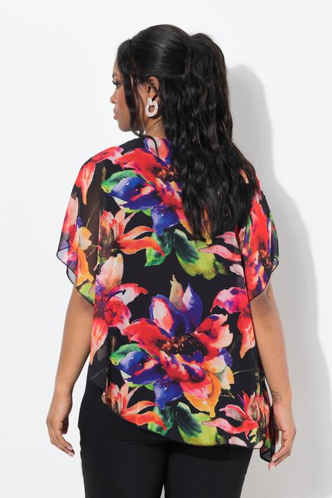 Immagine prodotto Ulla Popken Blusa a doppio strato con fiori, scollo rotondo e mezze maniche (50, 52)