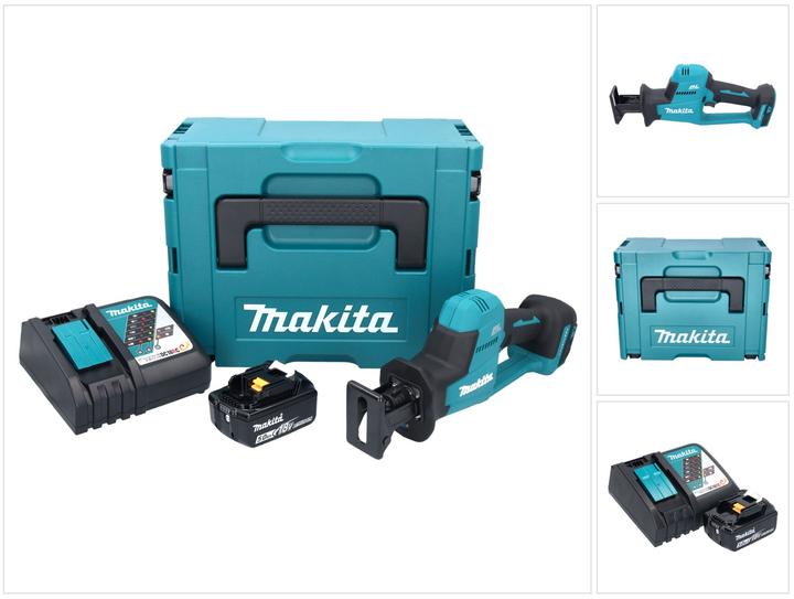 1x Makita DJR 189 cordless Recipro saw, 1x Recipro blade BIM 152, 7-18Z ( B-05038 ), 1x Recipro blade BIM 152, 6-11Z ( B-05044 ), 1x Recipro blade HCS 203, 6-10Z, 1x Makita BL 1850 B 18 V 5.0 Ah battery ( 197280-8 ), 1x Makita DC 18 RC battery quick charger ( 195584-2 ), 1x Makita MAKPAC plastic case