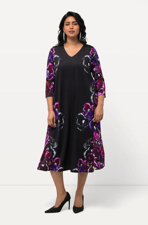 Produktbild Ulla Popken Slinkykleid, Blüten, A-Linie, V-Ausschnitt, 3/4-Arm (42, 44)