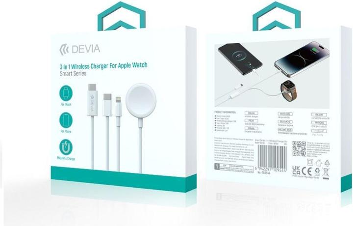 Actual product image Devia cable 3in1 Smart EA520 USB-C - USB-C + Lightning white with inductive magnetic charger for App (1 m, 27 W)
