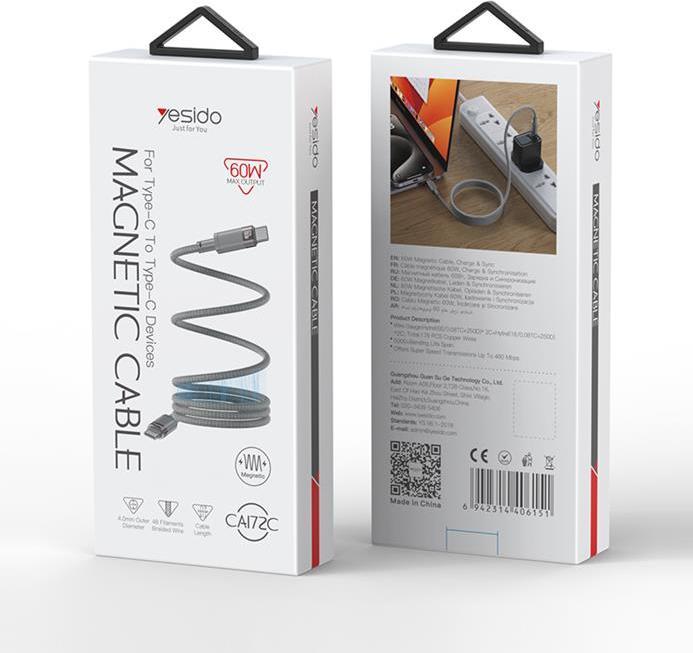 Actual product image Yesido USB-C to USB-C Fast Charging Magnetic Cable PD 60W, 1m - Gray (1 m, 60 W)