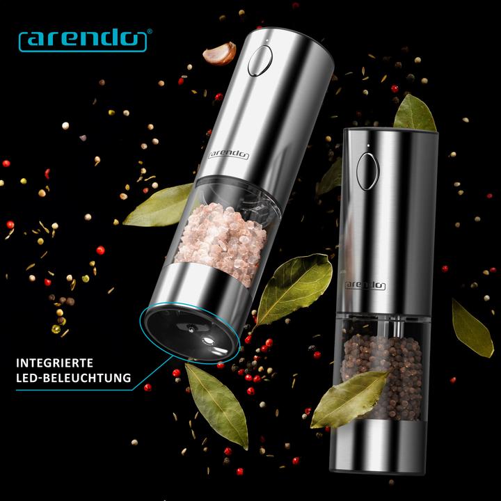 Produktbild Arendo Salz- und Pfeffermühle 2er Set, Elektrische Salzmühle & Pfeffermühle, stufenlos einstellbar, Akku (Pfeffer, Salz)
