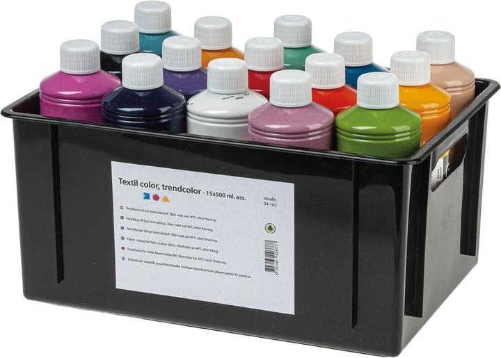 Actual product image Creativ Company Textile dye Semi-opaque textile dye, 15x500ml (White, Lavender, Aubergine, Orange, Olive brown, Dusty blue, deep pink, Yellow, Kiwi, Sea green, Tile, Pink, Turquoise blue, Black, Mustard yellow, 500 ml)