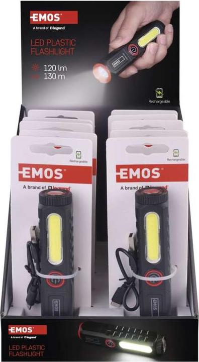Actual product image Emos Wiederaufladbare LED-Taschenlampe aus Kunststoff P4720, 120 lm, 10 STCK., display box (12.30 cm, 120 lm)