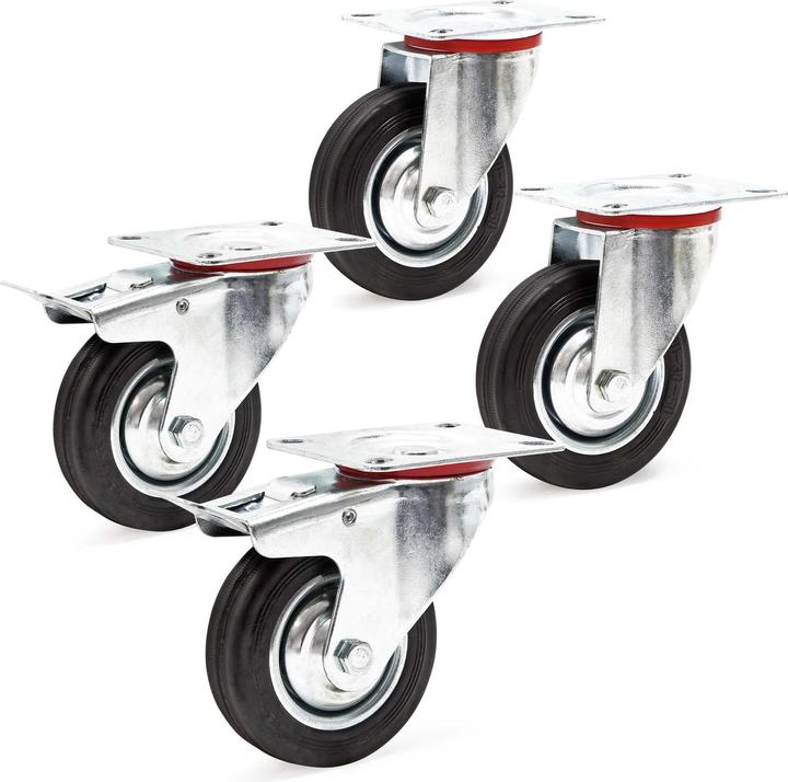 Produktbild Wiltec Transportrolle Set 2x Doppelstopp-Lenkrolle 2x Lenkrolle Vollgummirad 100mm 70kg