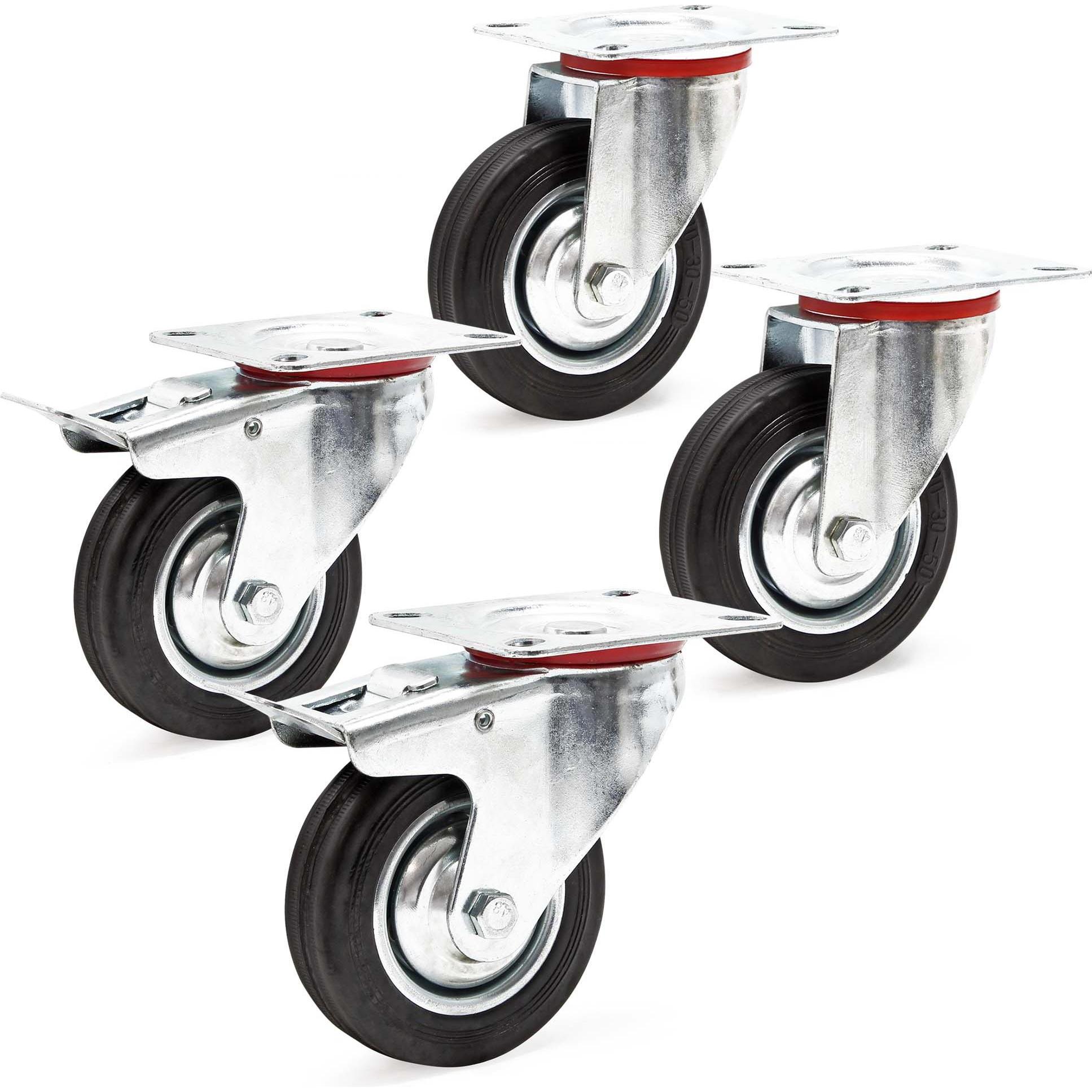 Wiltec, Möbelrollen, Transportrolle Set 2x Doppelstopp-Lenkrolle 2x Lenkrolle Vollgummirad 100mm 70kg