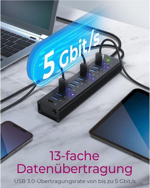 Actual product image Icy Box ICY BOX 13 port hubwith USB Type-A port and 1x charging port, IB-AC6113 (USB-B, 13 Ports)