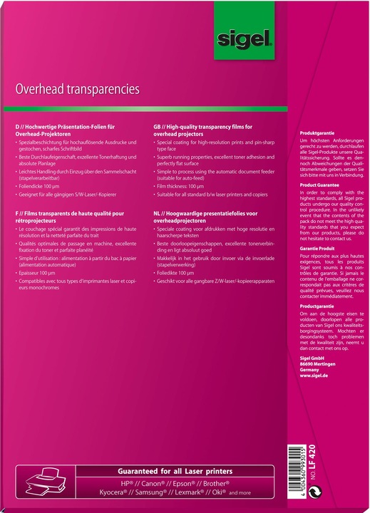 Image du produit Sigel Transparents pour rétroprojecteur (100 g/m², 50 x, A4)