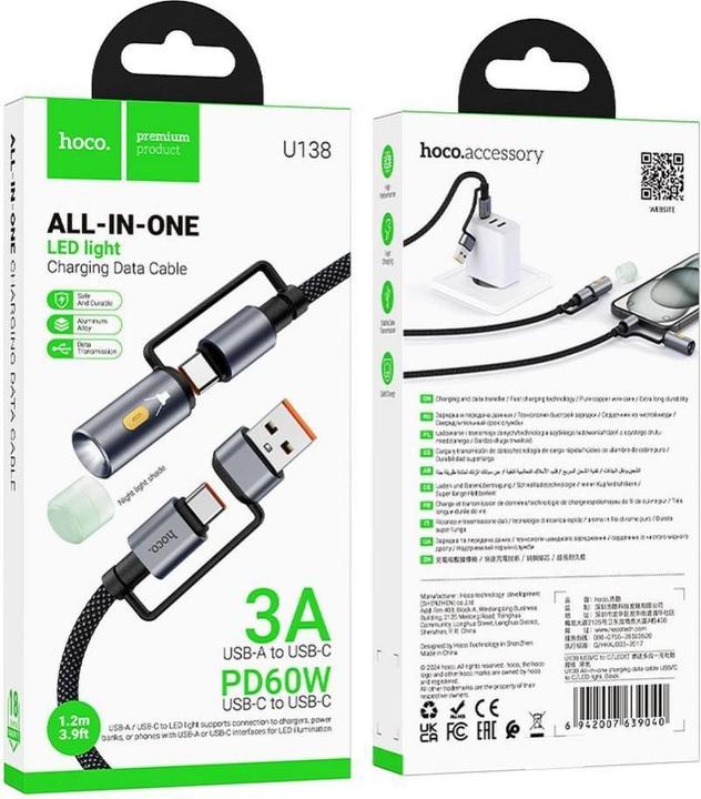 Produktbild Hoco Cable cable All-in-one USB A / Type C to Type C / LED Light 3A 60W U138 1,2 m black (1.20 m, USB 3.2 Gen 1, 60 W)