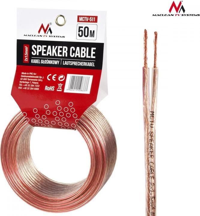 Image du produit Maclean Bobine de câble haut-parleur 2x1,5mm² 50m (Transparent) (50 m, 3 mm²² mm)