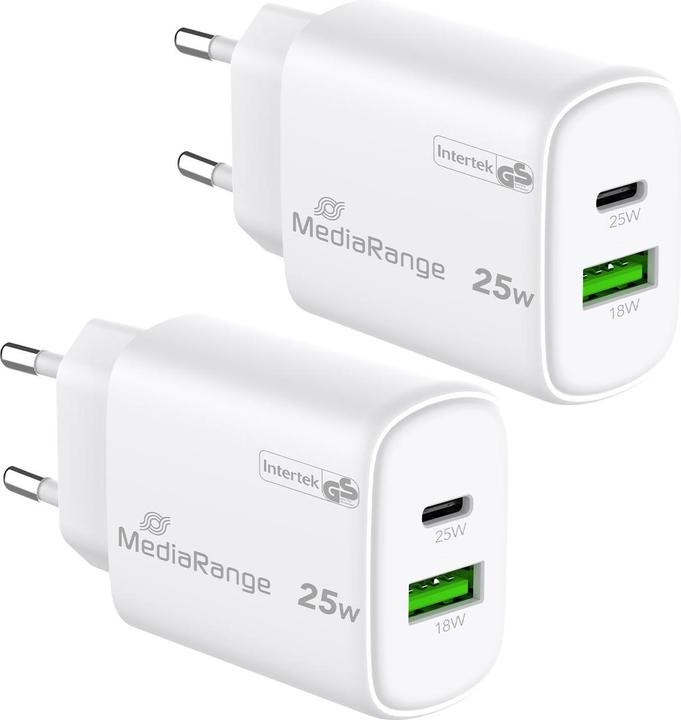 MediaRange Dual Schnellladeadapter, GaN, 1x USB-C und USB-A, PD & QC, 25 Watt, 2er-Set (25 W, 2 Ports)