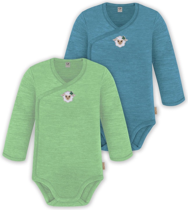Normani 2er Set Unisex Baby Wickelbody Langarm-Strampler Einteiler aus Merinowolle - 9351