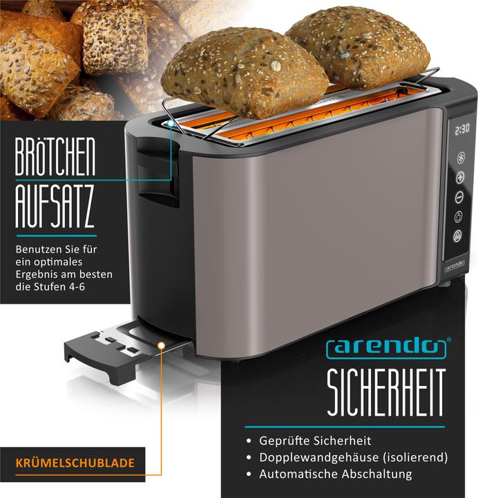 Image du produit Arendo Toaster Wärmeisoliertes Doppelwandgehäuse, 2 lange Schlitze, Touch-Display, für 4 Scheiben, 1500 W