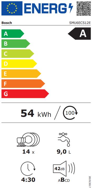 Energie-Label Bosch Hausgeräte Serie 6, Unterbau-Geschirrspüler, 60 cm, Gebürsteter Stahl, SMU6ECS12E