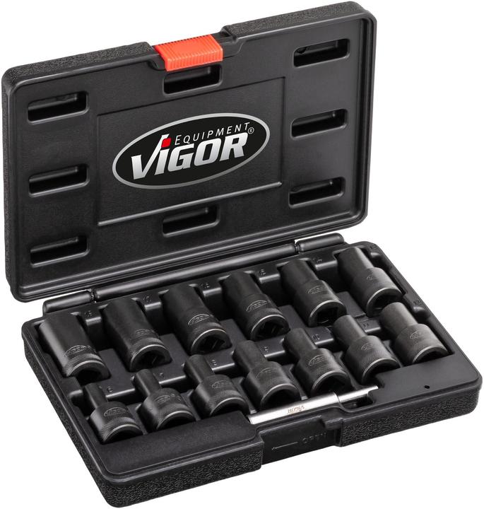 Vigor Extractor socket set with spiral profile ∙ V2404N ∙ Square, hollow 1/2 inch (12.5 mm) ∙ Outsi… (19 mm, 6 mm, 12 mm, 14 mm, 16 mm, 10 mm, 18 mm, 7 mm, 17 mm, 11 mm, 15 mm, 8 mm, 9 mm, 13 mm)