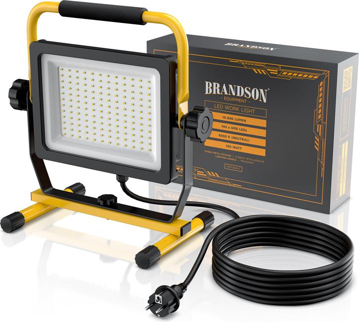 Produktbild Brandson Baustrahler, 100W LED Arbeitsleuchte, 144 SMD LEDs, Bauscheinwerfer, Bauscheinwerfer, 4m Kabel, IP65 (10000 lm)
