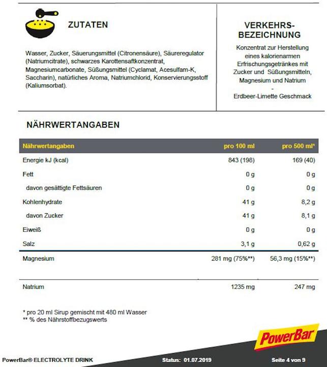 Valeurs nutritives et ingrédients Powerbar Boisson électrolytique (Fraise-Lime, 1 x)