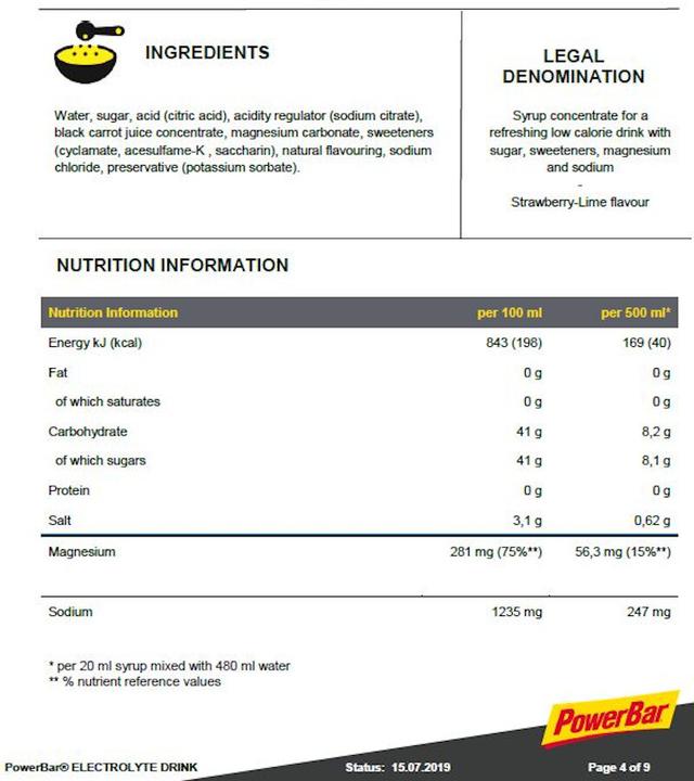 Valeurs nutritives et ingrédients Powerbar Boisson électrolytique (Fraise-Lime, 1 x)