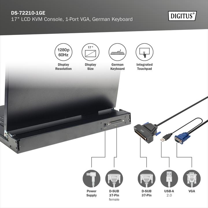 Productafbeelding Digitus Modulaire console met 43,2 cm 17inch TFT 1 poort KVM & touchpad Duits toetsenbord RAL 9005 zwart