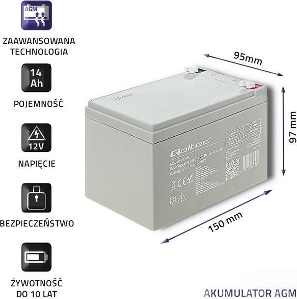 Actual product image Qoltec 53045 - Battery / accumulator - 14 Ah - 12 V - White - 210 A - 15 cm (12 V, 14 Ah)