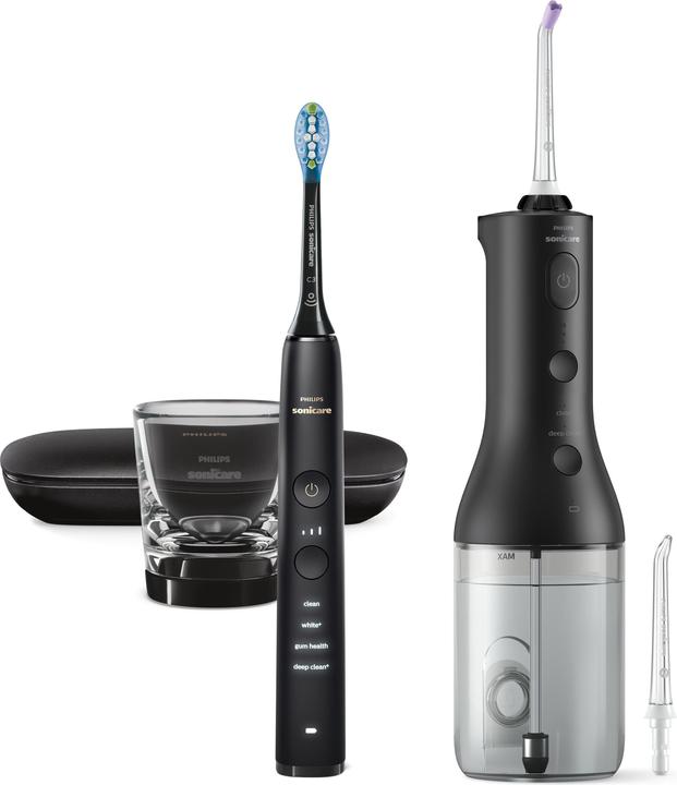 1x vetro di ricarica, 1x custodia da viaggio USB, 1x DiamondClean 9000, 1 cavo di ricarica USB, 1x ugello F3 Quad Stream, 1x ugello standard F1, 1 caricatore da parete USB, 1x testina C3, 1 filo interdentale senza fili