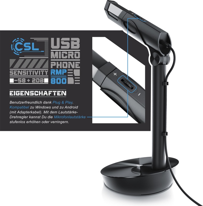 Produktbild CSL Streaming Mikrofon, USB Desktop Mikro mit Windschutz RMP 800 Tischmikrofon / Standmikrofon