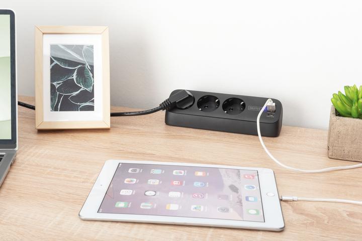 Actual product image Digitus 3-way office socket strip with 2x USB-A and 1x USB-C connections, black (3x, CEE 7/3, 1.50 m)