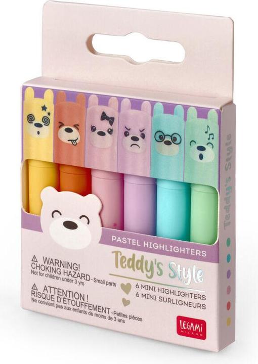 Actual product image Legami Mini Textmarker Set Teddys (Yellow, Lilac, Light blue, Peach, Light green, Rose, 3 mm, 6 x)