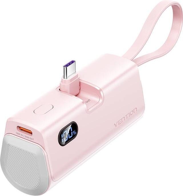 Actual product image Vention LED Display 4800mAh Power Bank (USB-C + Lightning + USB-C) 22.5W Pink Foldable USB-C Type (4800 mAh, 22.50 W, 22.50 Wh)