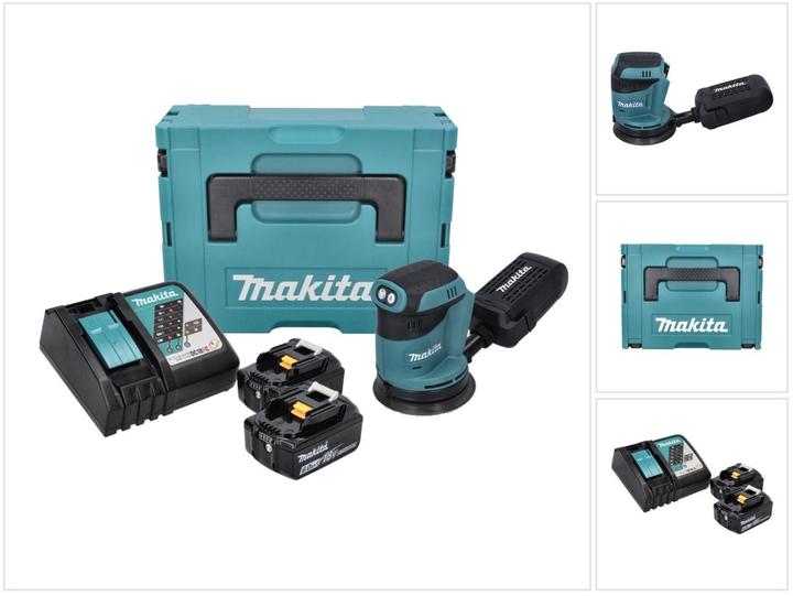 1x Makita DBO 180 Akku Exzenterschleifer, 1x Schleifpapier, 1x Staubsammelaufsatz, 2x Makita BL 1860 B 18 V 6,0 Ah Akku, 1x Makita DC 18 RC Ladegerät, 1x Makita Makpac, 1x Universaleinlage