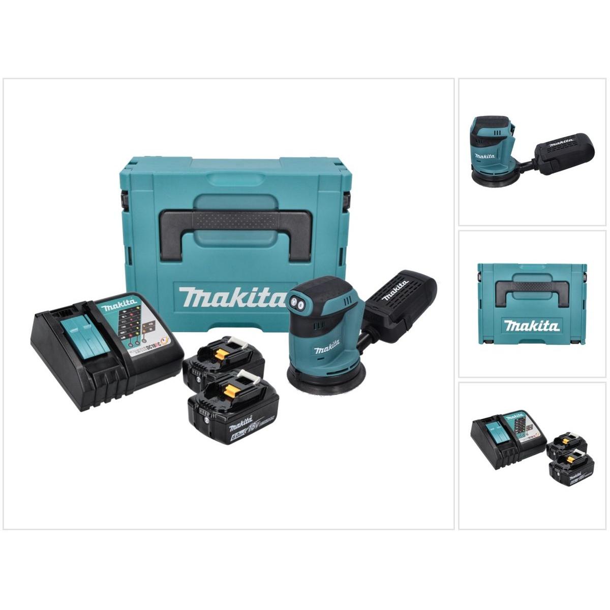 Makita, Schleifmaschine + Poliermaschine, DBO 180 RGJ Akku Exzenterschleifer 18 V 125 mm + 2x Akku 6,0 Ah + Ladegerät + ...