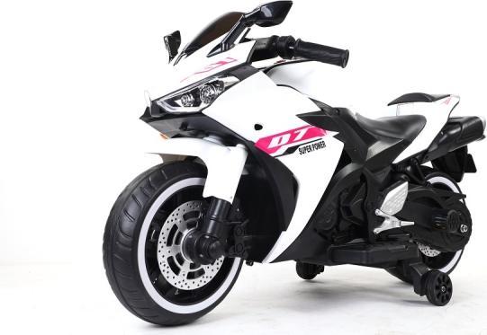 Es-toys Elektro Kindermotorrad 888 – 12V 4,5A Akku – mit Stützräder, Musik und Lichter -Weiss (12 V)